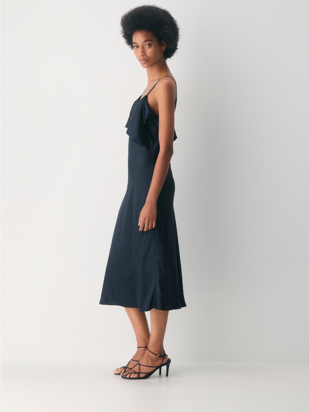 NWT Wilfred Black Ruffle-Front Slip Midi Dress